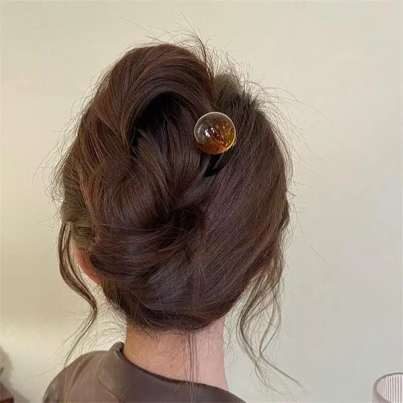 U-Shaped Hair Fork in Acrylic for Women's Bun and Updo Styling, Decorative Hair Stick with Green, Brown, Grey and Beige Labels Plus a Four-Piece Option