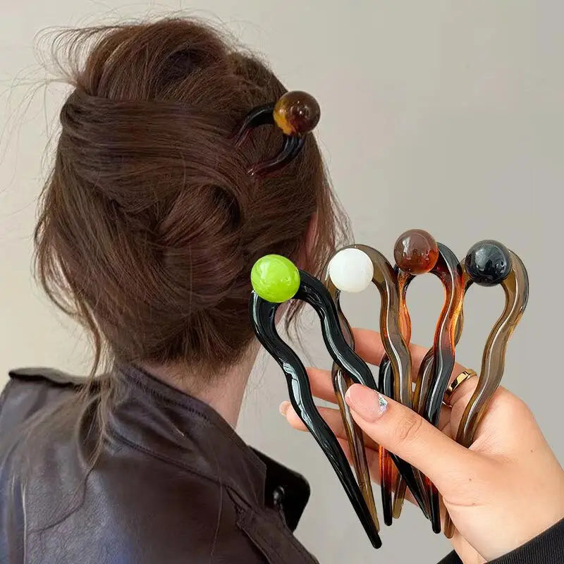 U-Shaped Hair Fork in Acrylic for Women's Bun and Updo Styling, Decorative Hair Stick with Green, Brown, Grey and Beige Labels Plus a Four-Piece Option