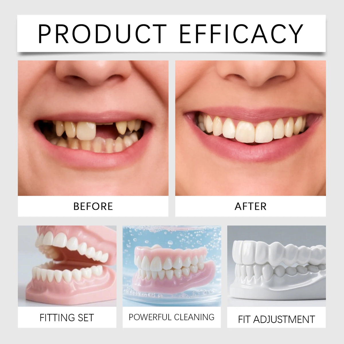 Cosmetic Denture-Style Teeth Cover Kit with Single-Piece and Multi-Item Purchase Labels, Material and Fit Details Requiring Professional Dental Review Before Use