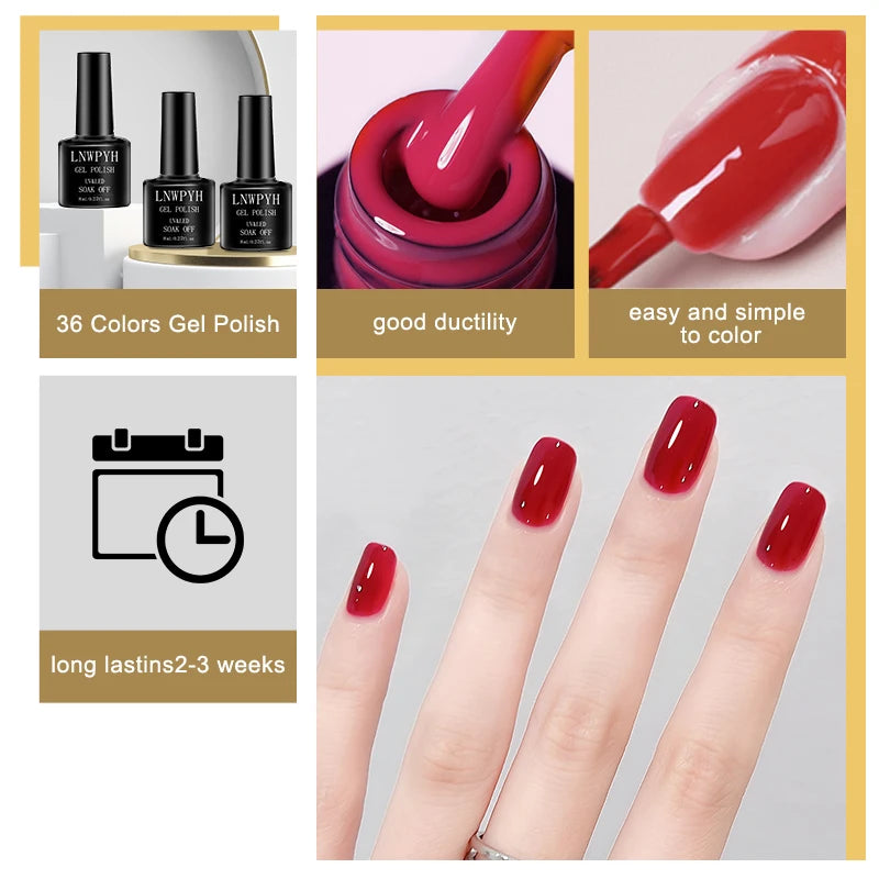 Soak-Off Gel Varnish Kit by LNWPYH with 10 Listed Polish Colors, One Base Coat, One Top Coat and UV LED Sensor Lamp for Adult Home Manicure Designs