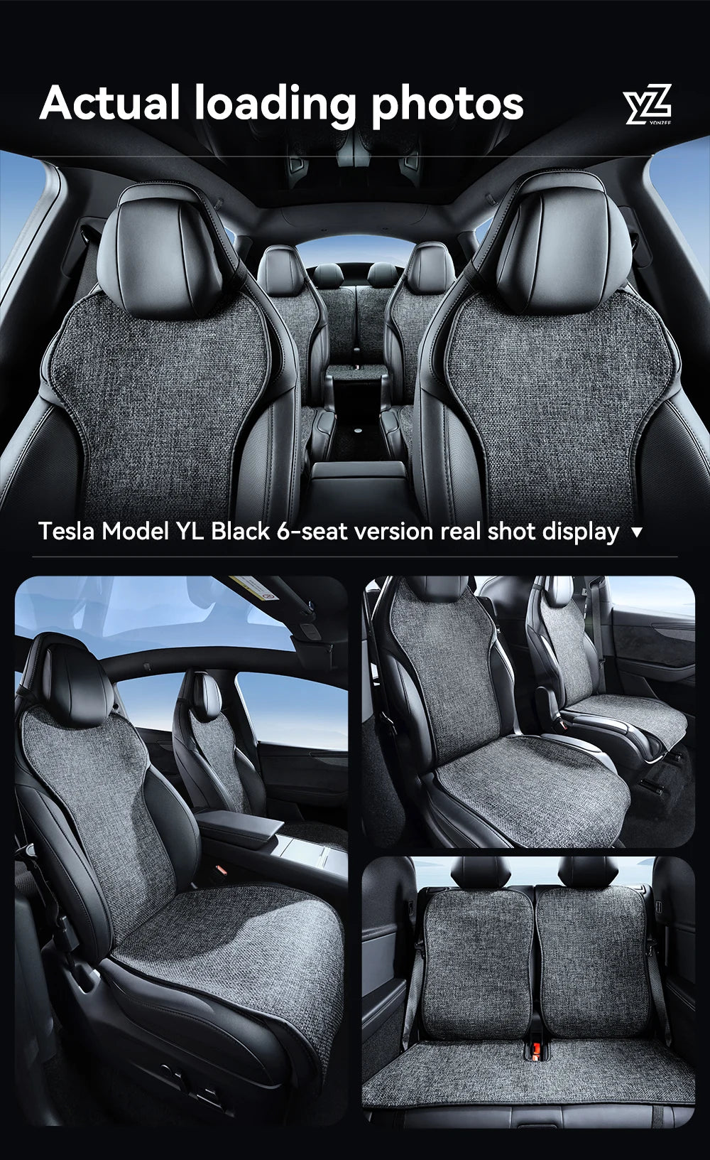 Car Seat Cushion Pads Listed for 2026 Tesla Model YL Six-Seat Layout, YZ Mesh Composite Fabric with Linen and Ice Silk References, Row-Specific Pack Options