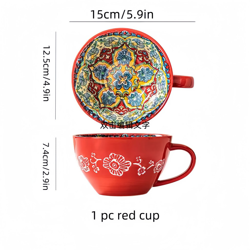 Bohemian Ceramic Coffee Mug with Hand-Painted Style Reference, Dark Red, Green, Blue and Yellow Cup Options Plus Coded Selection for Tea Breaks and Kitchen Gifts