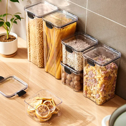 Clear Pantry Storage Jars with White or Black Covers, Five Capacity Options from 460ml to 1800ml and Single-Size Packs or Mixed Five-Size Kitchen Sets