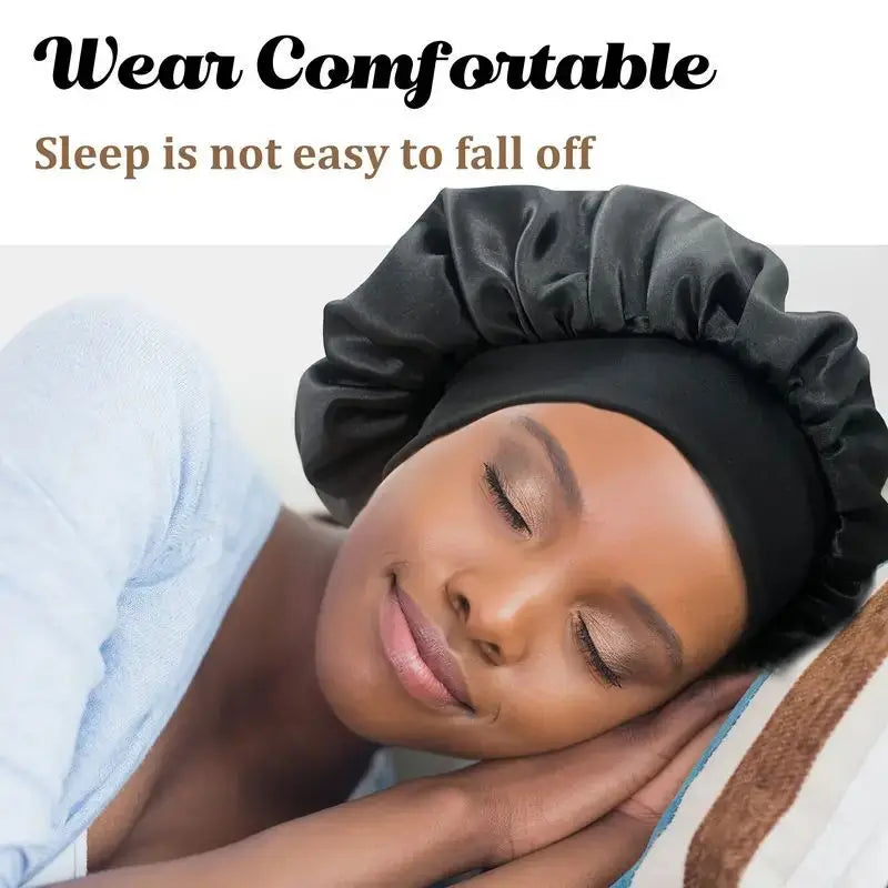 Wide Band Satin Sleep Bonnet with Listed Elastic Hair Wrap Design, Polyester Material Reference and Twenty-Eight Color Labels for Adult Nighttime Hair Styling