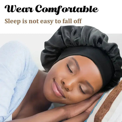 Wide Band Satin Sleep Bonnet with Listed Elastic Hair Wrap Design, Polyester Material Reference and Twenty-Eight Color Labels for Adult Nighttime Hair Styling