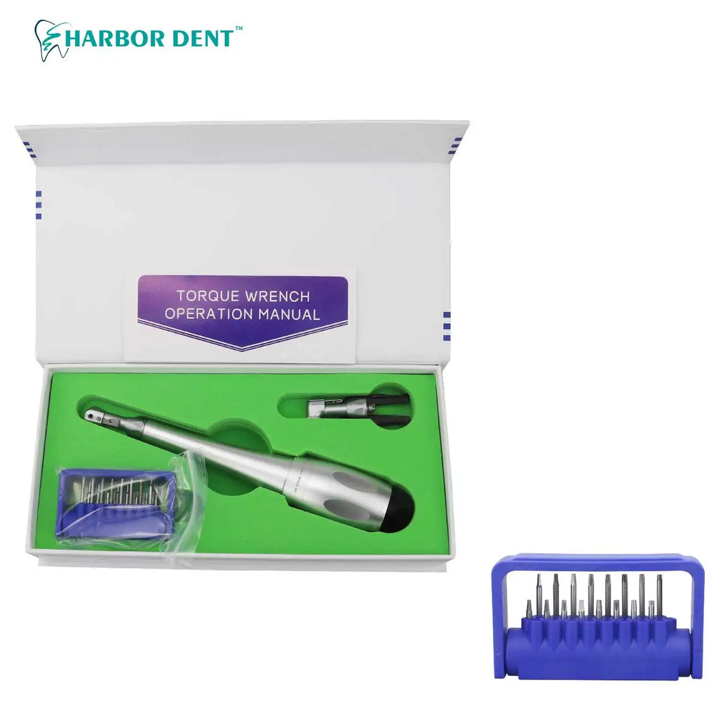 Adjustable Dental Implant Torque Wrench Set, 16-Piece Driver Tool Selection with Listed 2.35mm Latch-Type Bits in Silver, Blue or Red Options