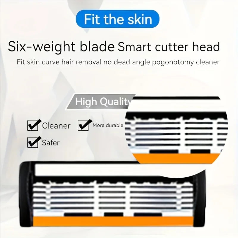 Men's Replaceable Head Razor Set with One Handle and 3 to 24 Blade Pack Options, Listed Six-Layer Stainless Steel Shaving Design for Everyday Grooming