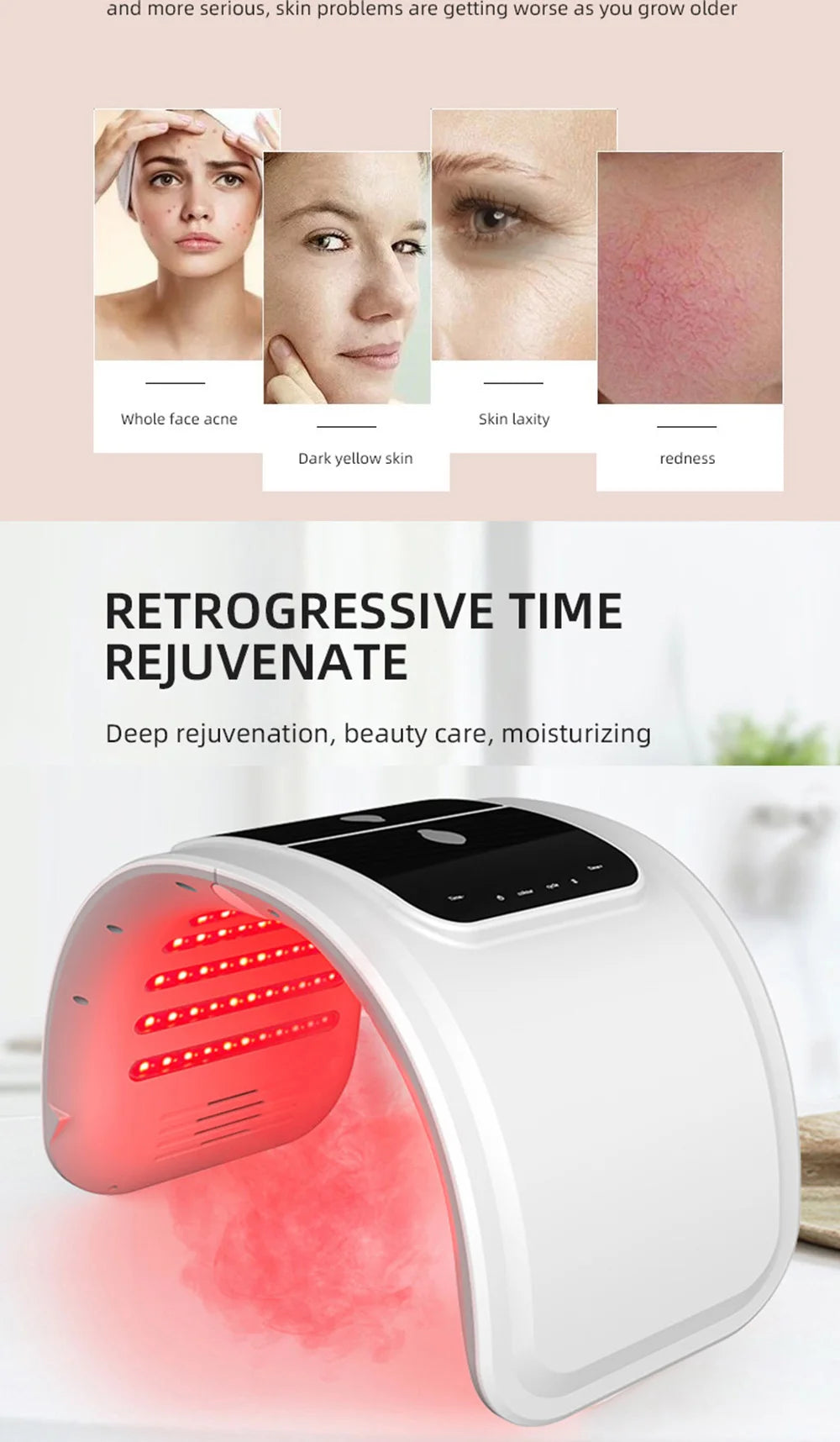 Facial LED Beauty Machine with Seven Listed Light Colors and Spray Option, 10W DC 12V Device with Adapter and Eyeshade References for At-Home Beauty Routines