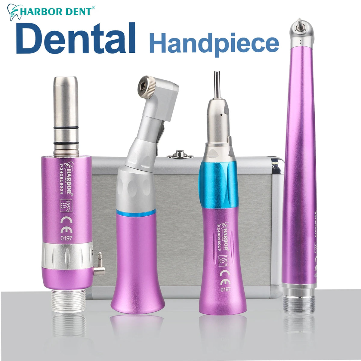 Dental Handpiece Set, 4-Piece High and Low Speed Air Turbine Kit with Straight Handpiece, Contra Angle and Air Motor, 2 or 4 Hole Options