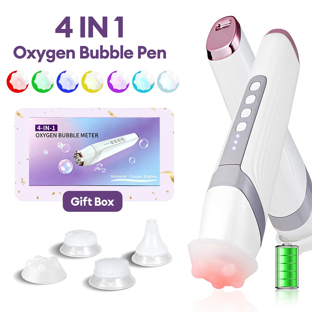Four-Head Bubble Facial Pen in White with Silicone Massage Tips, Five Vibration and Spin Levels, Eight LED Modes and Type-C Rechargeable Design