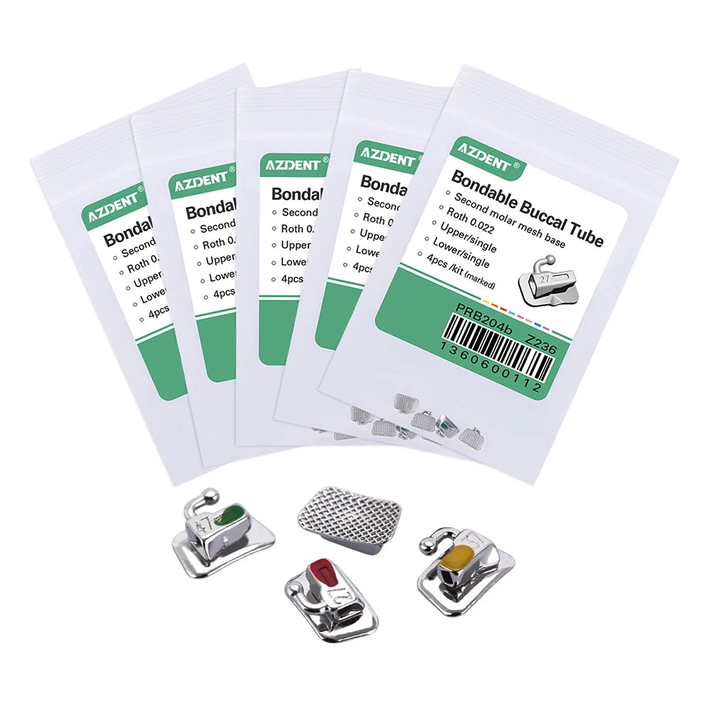 Mesh-Base Orthodontic Buccal Tubes by AZDENT, 20 Pieces in Five Kits, Bondable Non-Convertible Single Molar Tubes with Roth, MBT or Edgewise Option Labels