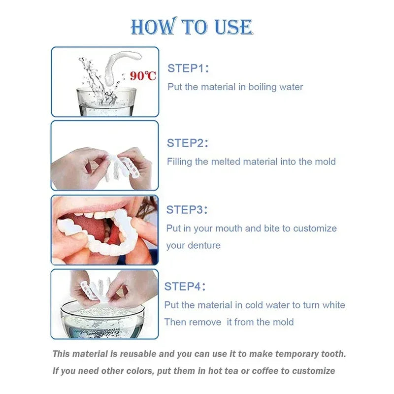 Silicone Denture-Style Teeth Covers with Single-Piece and Bundle Purchase Labels, Temporary Simulated-Teeth Appearance Reference Requiring Professional Fit Review
