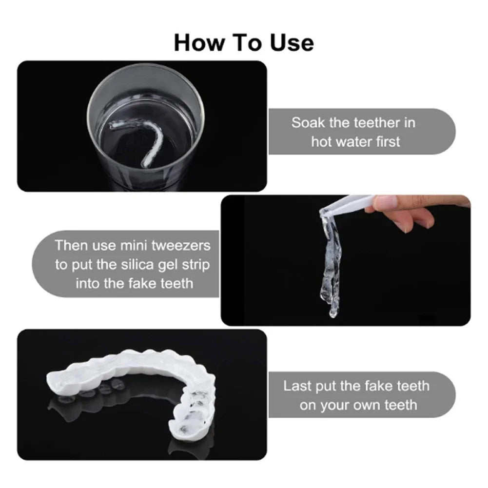 White Cosmetic Teeth Cover, Temporary False-Teeth Appearance and Denture-Style Listing with Material, Fit and Retention Requiring Professional Dental Review
