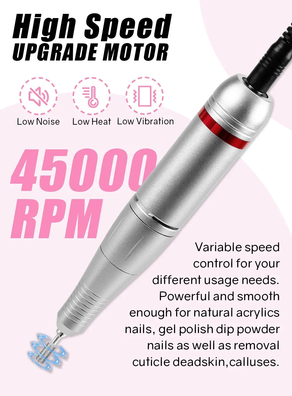 Foot-Pedal Nail Drill with Listed 45,000 RPM Adjustable Speed, Forward and Reverse Rotation, White, Black, Pink or Colorful Sets and US or EU Plug Options