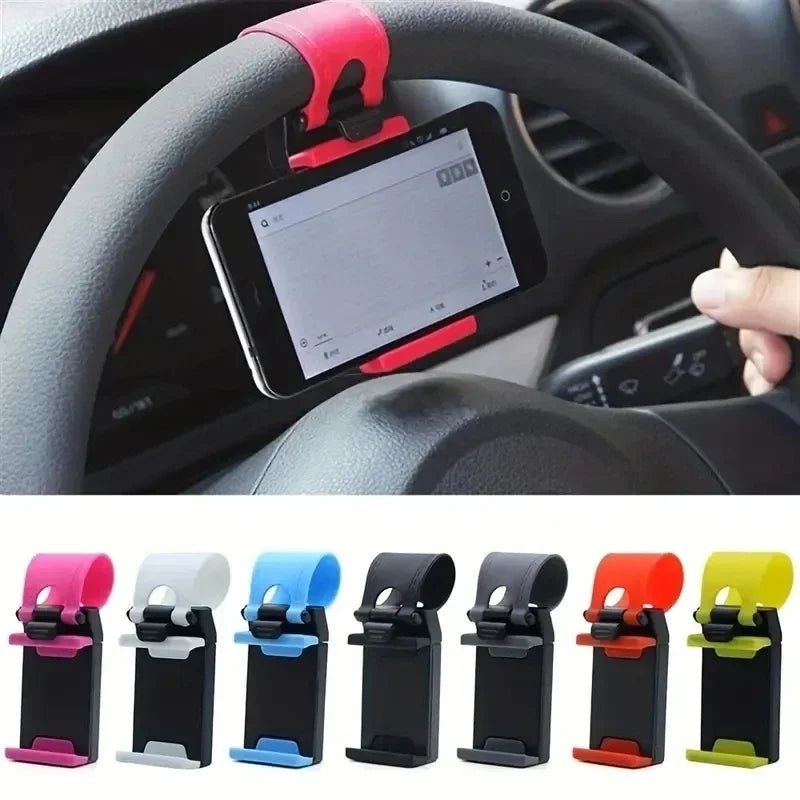 Steering Wheel Phone Holder for Parked Use, Telescopic Hook Clip with Soft Pads for Devices 50–80mm Wide and 6–18mm Thick in Five Colors
