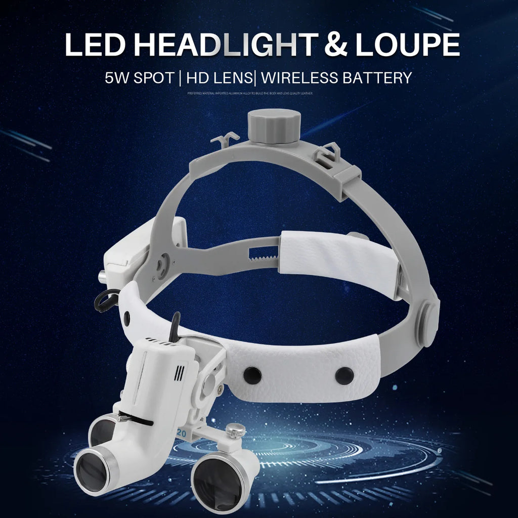 Dental Loupes with LED Headlight, 2.5X or 3.5X Binocular Magnifier with Listed 5W Light, Adjustable Brightness and Spot, US or EU Plug Options