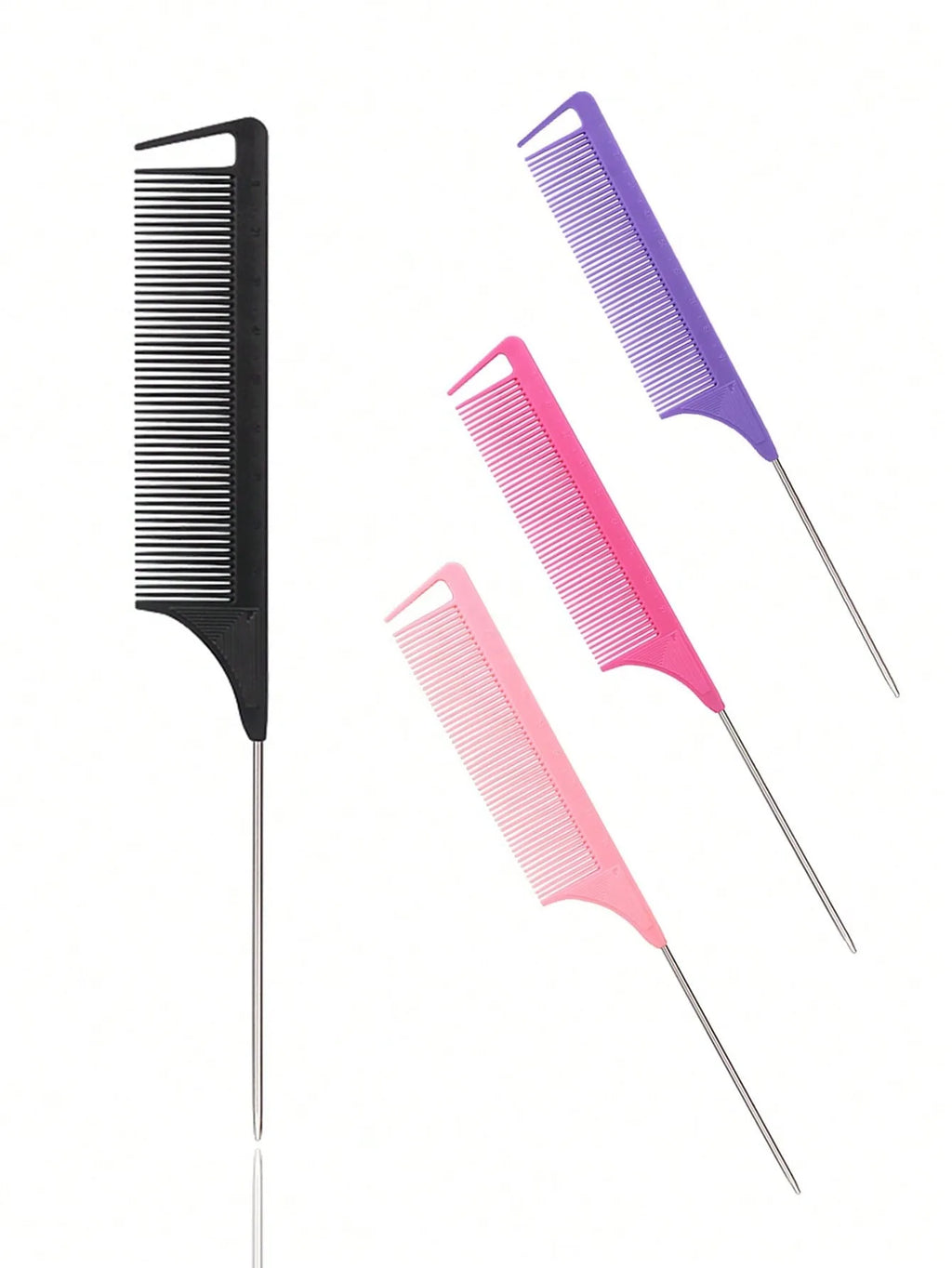 Pointed Tail Hair Comb for Manual Sectioning and Human Hair Wig Styling, Stainless Steel Reference with Pink, Black, Purple and Rose Color Options