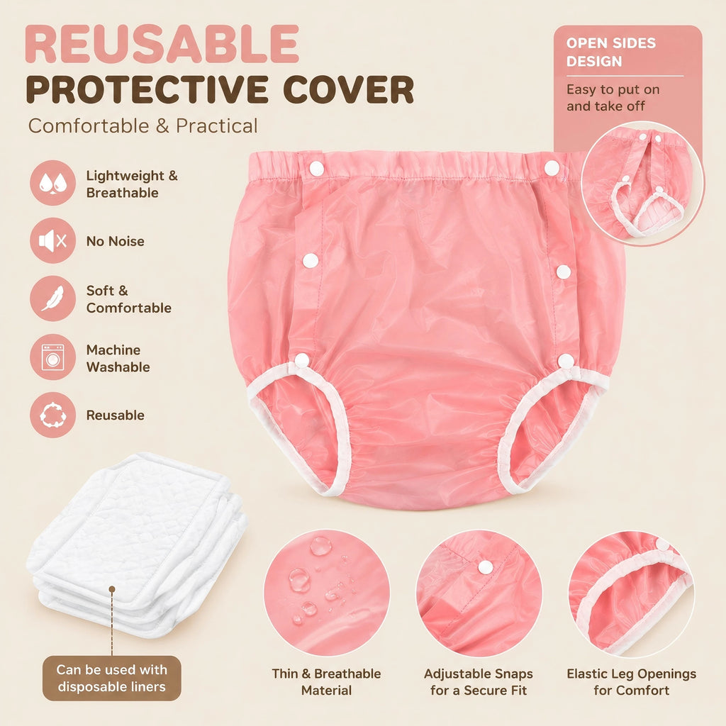 Side-Snap Adult Diaper Cover, Washable Reusable TPU Waterproof Overpants for Use with Disposable Diapers, L XL XXL Sizes and Five Finish Options