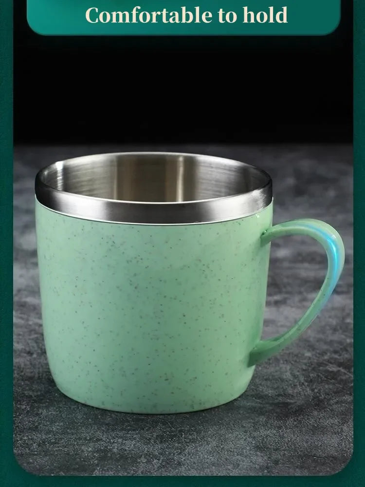 220ml Stainless Steel Mug with Plastic Handle and Double-Layer Design, Single Coffee, Tea and Milk Cup in Blue, Green, Pink or Beige for Home and Office