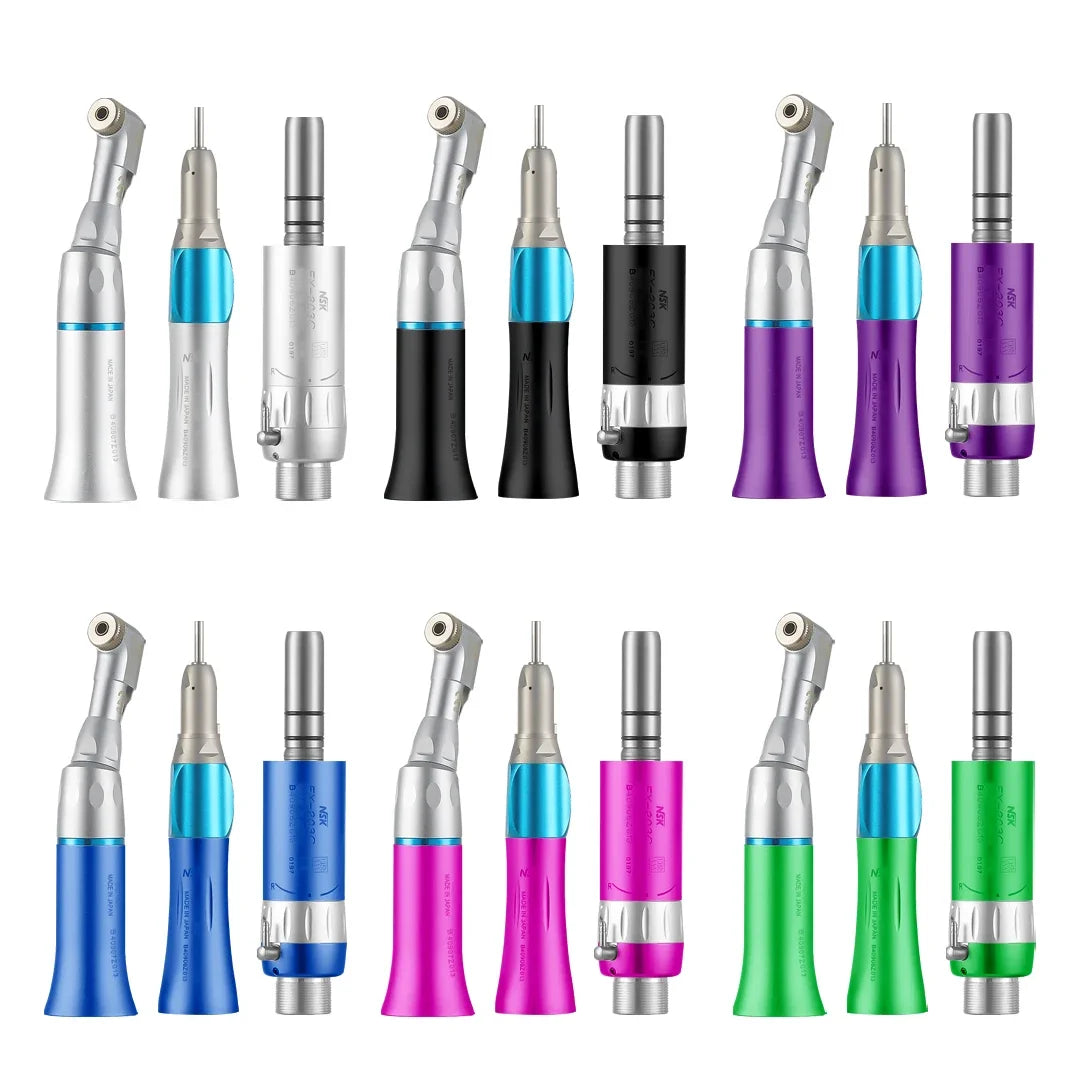 Low Speed Contra Angle Dental Handpiece with 1:1 Direct Drive, Wrench and Manual, 2 or 4 Hole Set Labels and Six Color Options for Professional Use