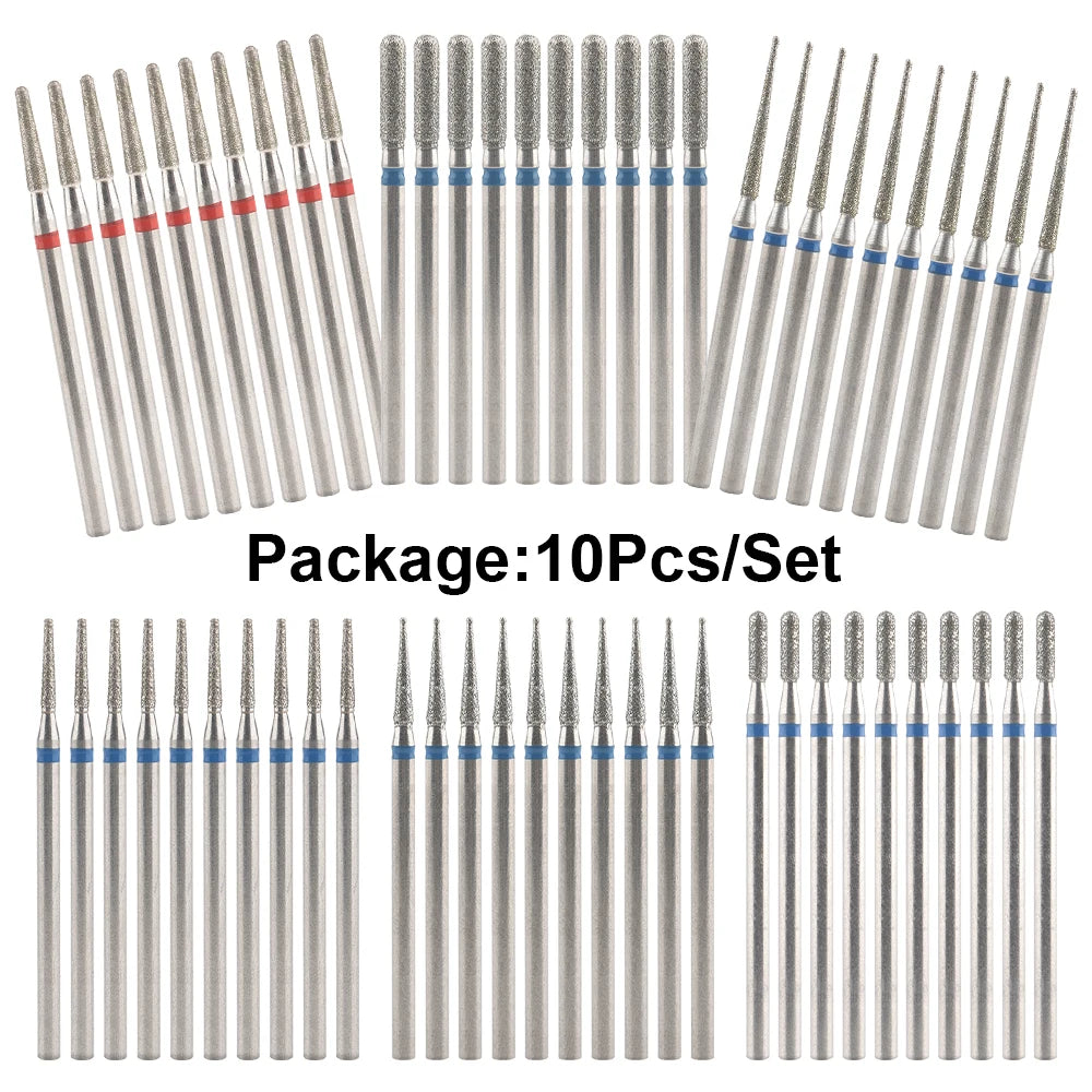 Diamond Nail Drill Bits, Listed 10-Piece Milling Accessories with 2.35mm Shanks, A-Series and Grade-Labeled Options for Professional Electric Manicure Filing