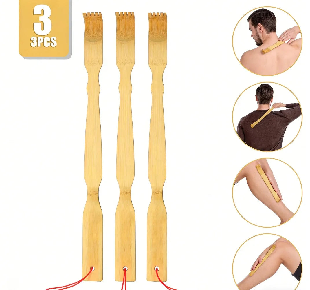 Bamboo Back Scratcher Set of Three with Listed 18.3 Inch Long Handles, Battery-Free Manual Personal Care Tools for Adult Home Use and Practical Gifts
