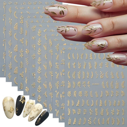 Gold Leaf Nail Stickers, 12-Piece Metallic 3D Floral Self-Adhesive Nail Art Decal Set for Botanical DIY Manicures, Party Styling and Salon Decoration