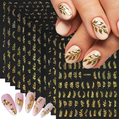 Gold Leaf Nail Stickers, 12-Piece Metallic 3D Floral Self-Adhesive Nail Art Decal Set for Botanical DIY Manicures, Party Styling and Salon Decoration
