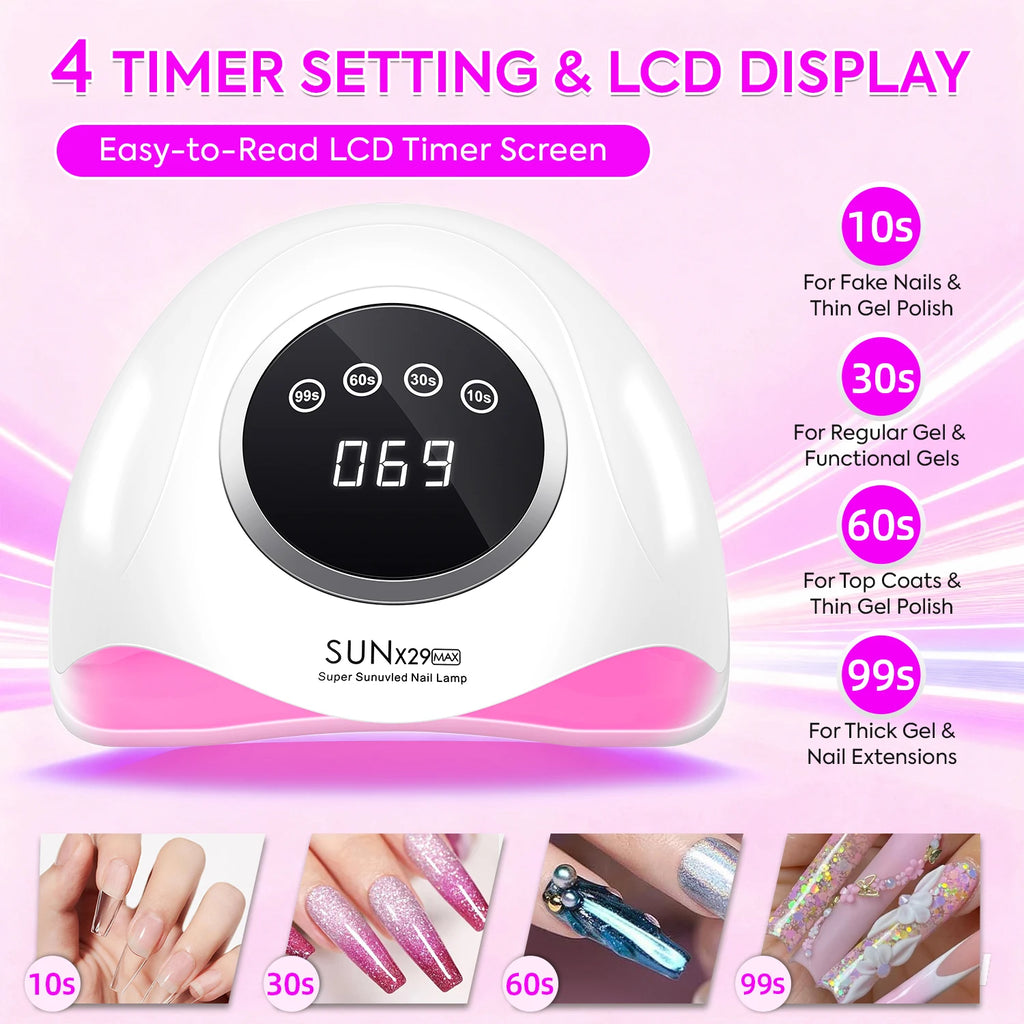 DianaBeauty Gel Curing Lamp Options with SUN X29 MAX Listed 90 LEDs, Infrared Sensor and Four Timers, Nine Model Labels and US, EU, AU or UK Plug Choices