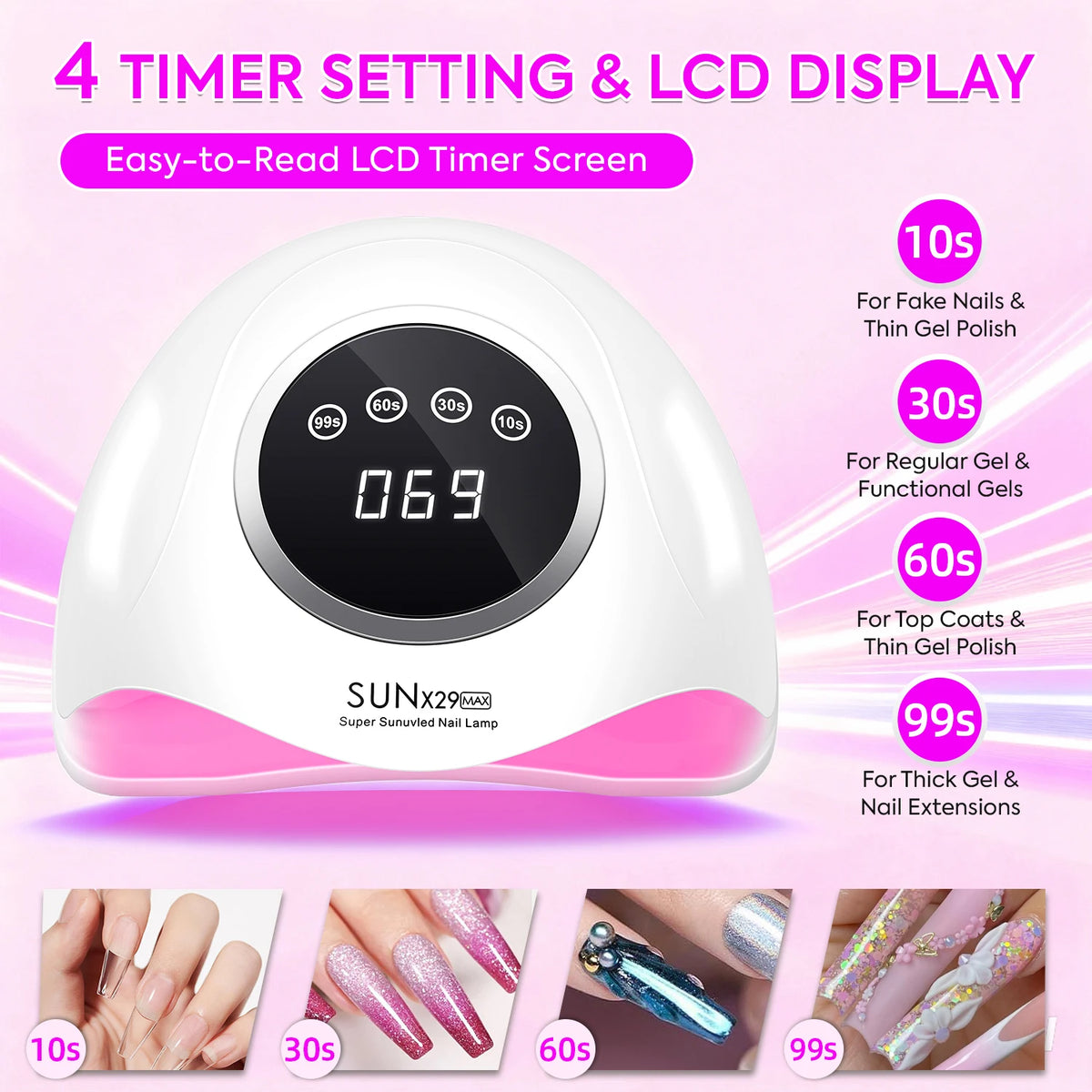 DianaBeauty Gel Curing Lamp Options with SUN X29 MAX Listed 90 LEDs, Infrared Sensor and Four Timers, Nine Model Labels and US, EU, AU or UK Plug Choices