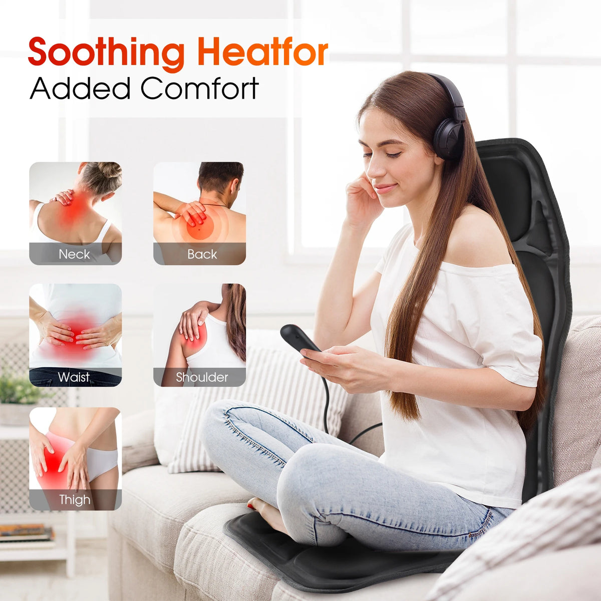 Heated Vibration Seat Massager Type B with Seven Listed Motors, Eight Modes, Three Intensity Levels and 15 or 30 Minute Timers for Home Office Relaxation