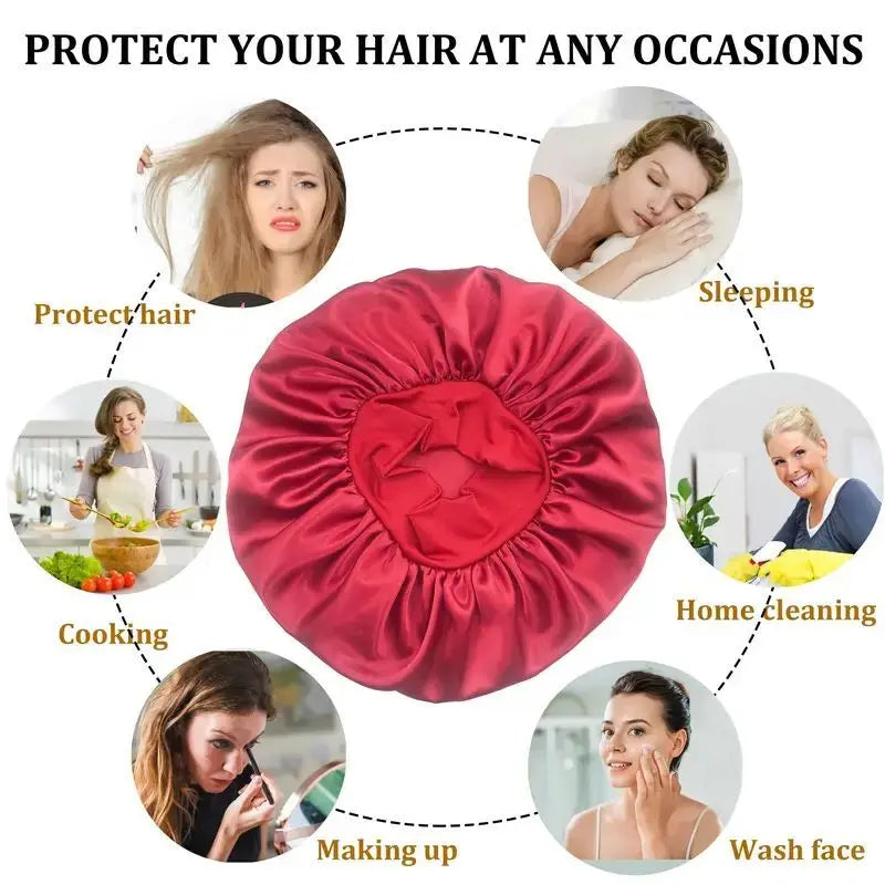 Wide Band Satin Sleep Bonnet with Listed Elastic Hair Wrap Design, Polyester Material Reference and Twenty-Eight Color Labels for Adult Nighttime Hair Styling