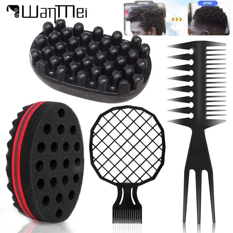 Afro Twist Hair Styling Kit, Two-Piece and Three-Piece Set1 or Set2 Options with Sponge, Mesh Comb and Double-Sided Pick References for Curl and Coil Grooming
