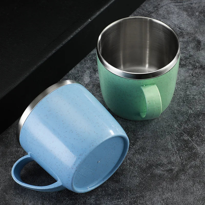 220ml Stainless Steel Mug with Plastic Handle and Double-Layer Design, Single Coffee, Tea and Milk Cup in Blue, Green, Pink or Beige for Home and Office
