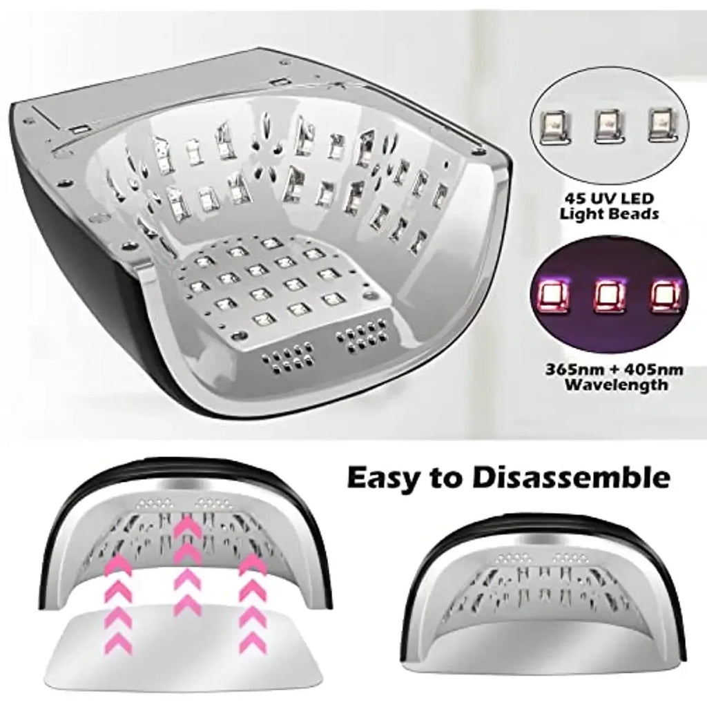 Cordless UV LED Nail Lamp with Mirror Bottom, 45 LEDs and Four Timer Settings, Rechargeable Manicure Light in Gold, Black or White with Plug Options