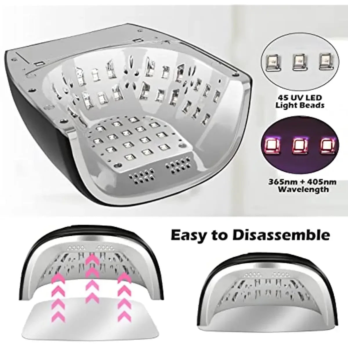 Cordless UV LED Nail Lamp with Mirror Bottom, 45 LEDs and Four Timer Settings, Rechargeable Manicure Light in Gold, Black or White with Plug Options