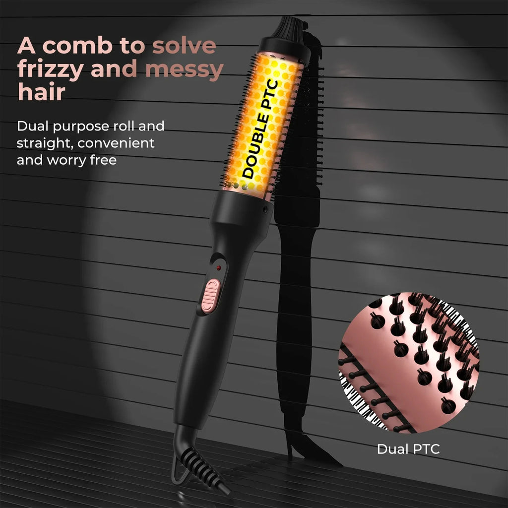 Thermal Round Hair Brush with Listed 32mm Barrel, PTC Heating and Ceramic Tourmaline References, Black Gold Styling Tool with EU or US Plug Options