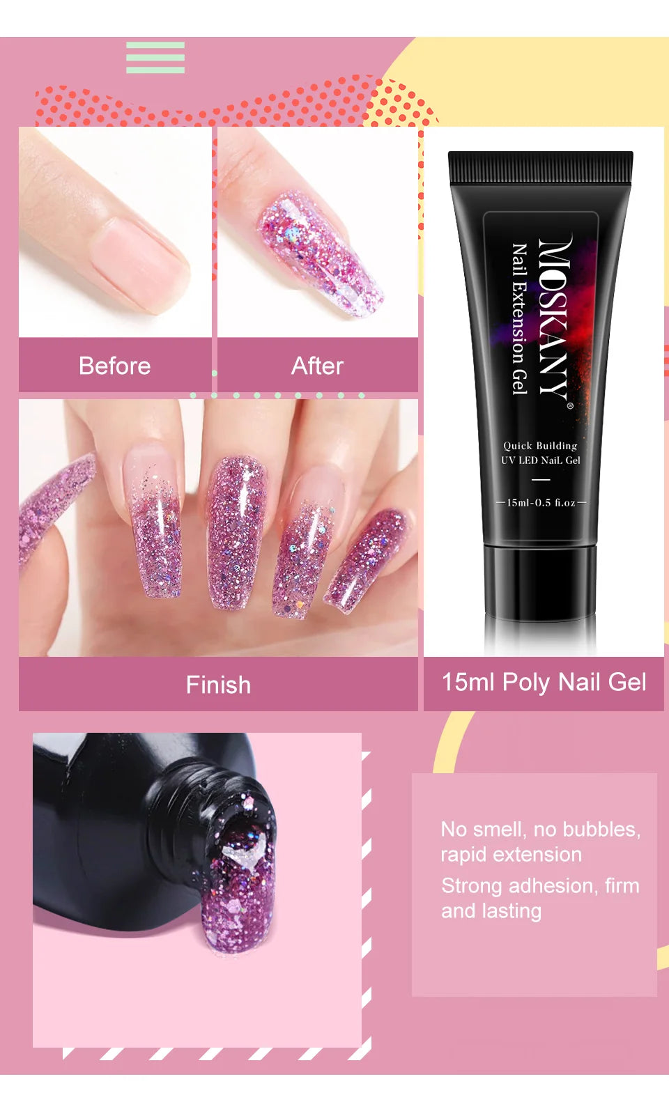 Poly Nail Gel Kit Options for Nail Extensions and DIY Manicure, Single, Three and Six-Piece Gel Selections with Listed 6W LED Lamp Set