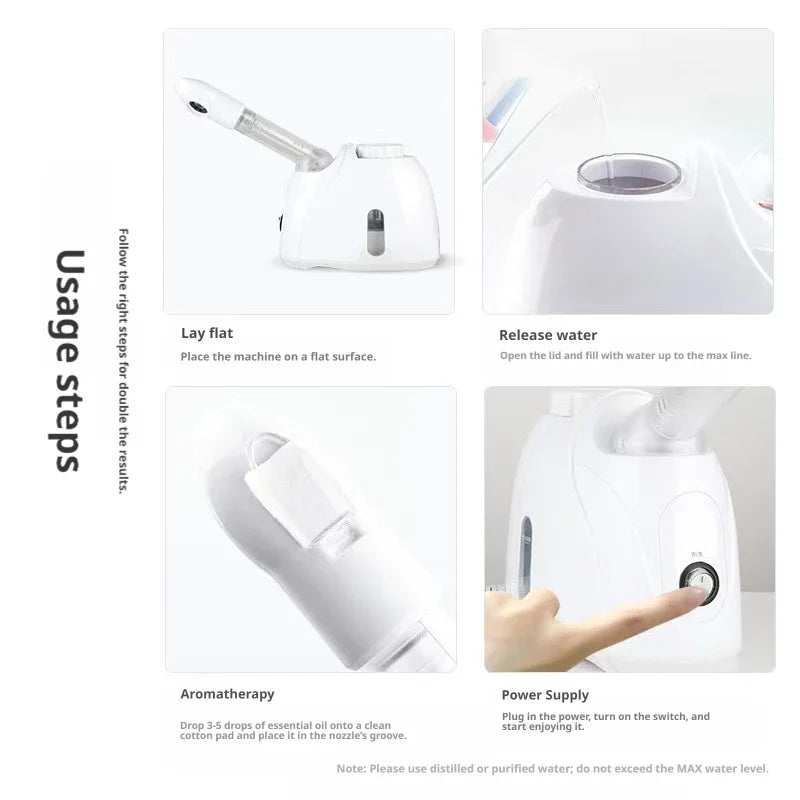 Rotating-Outlet Facial Steamer in White, 100ml Hot Steam Device with Extended Arm and Aroma Compartment for Home Beauty Routines, US or EU Options