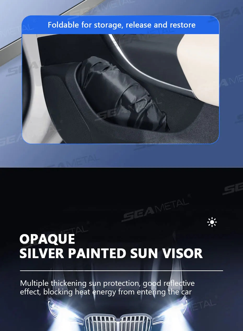 SEAMETAL Foldable Windshield Sun Shade in Silver with Reflective Material, Mirror Cutout and Wire Support, Small or Large Options for Parked Cars