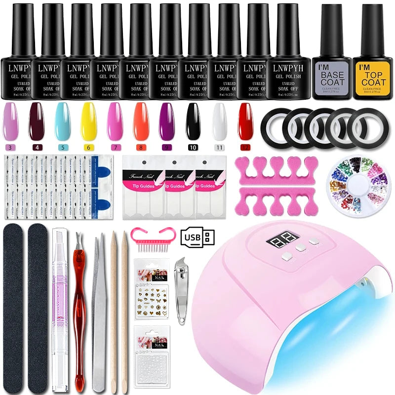 Soak-Off Gel Varnish Kit by LNWPYH with 10 Listed Polish Colors, One Base Coat, One Top Coat and UV LED Sensor Lamp for Adult Home Manicure Designs
