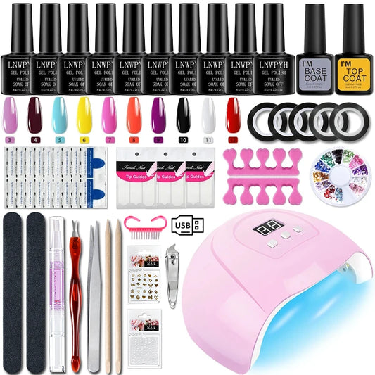 Soak-Off Gel Varnish Kit by LNWPYH with 10 Listed Polish Colors, One Base Coat, One Top Coat and UV LED Sensor Lamp for Adult Home Manicure Designs