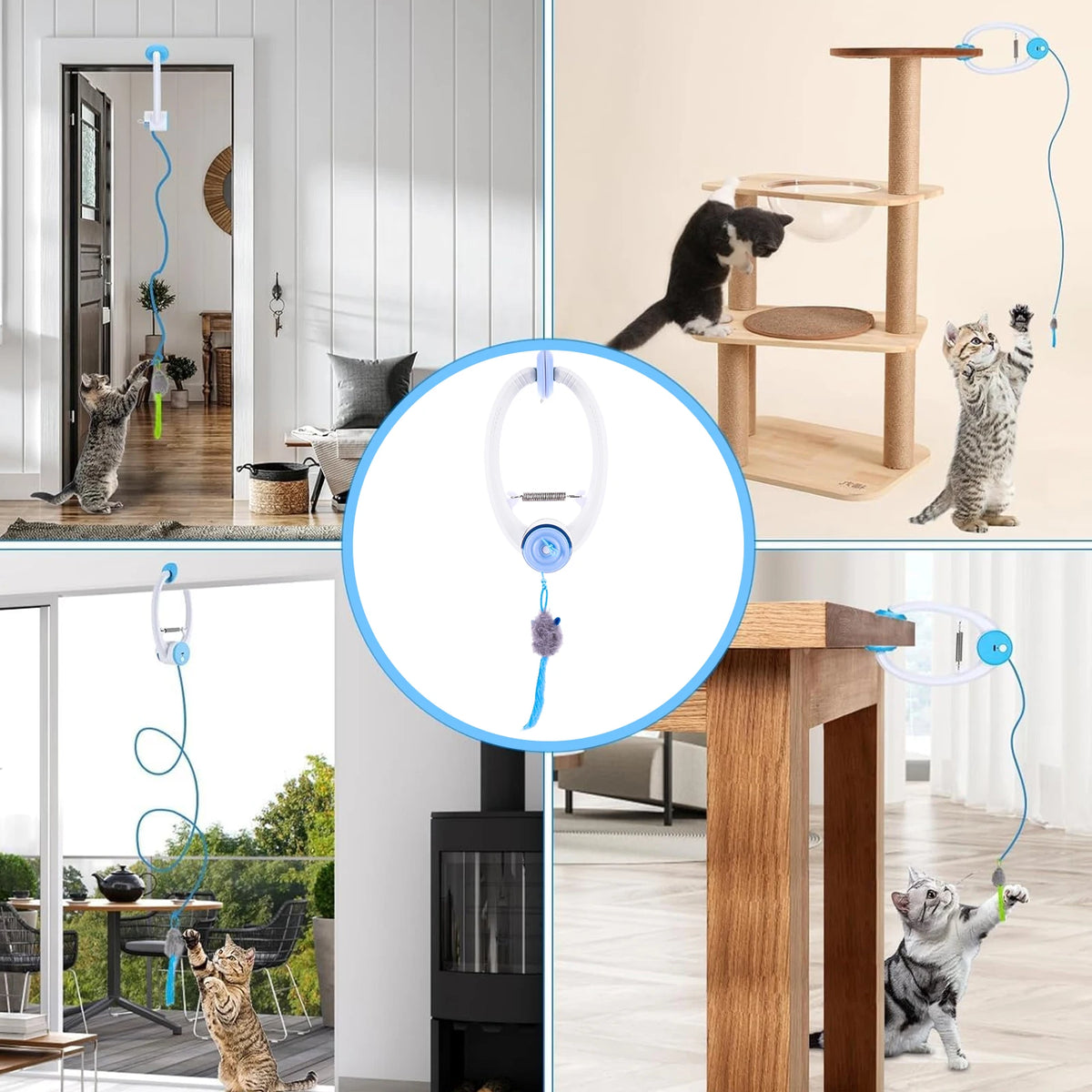 Rechargeable Door Hanging Cat Toy with Three Modes, Retractable Teaser Rope and Three Catnip Mouse Accessories, Blue Indoor Toy for Supervised Play