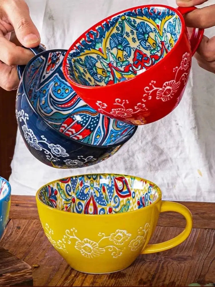 Bohemian Ceramic Coffee Mug with Hand-Painted Style Reference, Dark Red, Green, Blue and Yellow Cup Options Plus Coded Selection for Tea Breaks and Kitchen Gifts