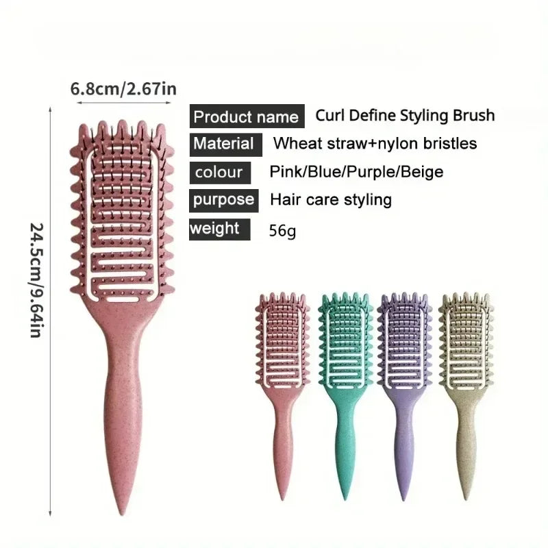 Vented Curl Defining Brush with Listed Wheat Straw and Nylon Materials, 24cm Single Detangling Styling Tool in Purple, Pink, Beige or Green for Home Hair Care