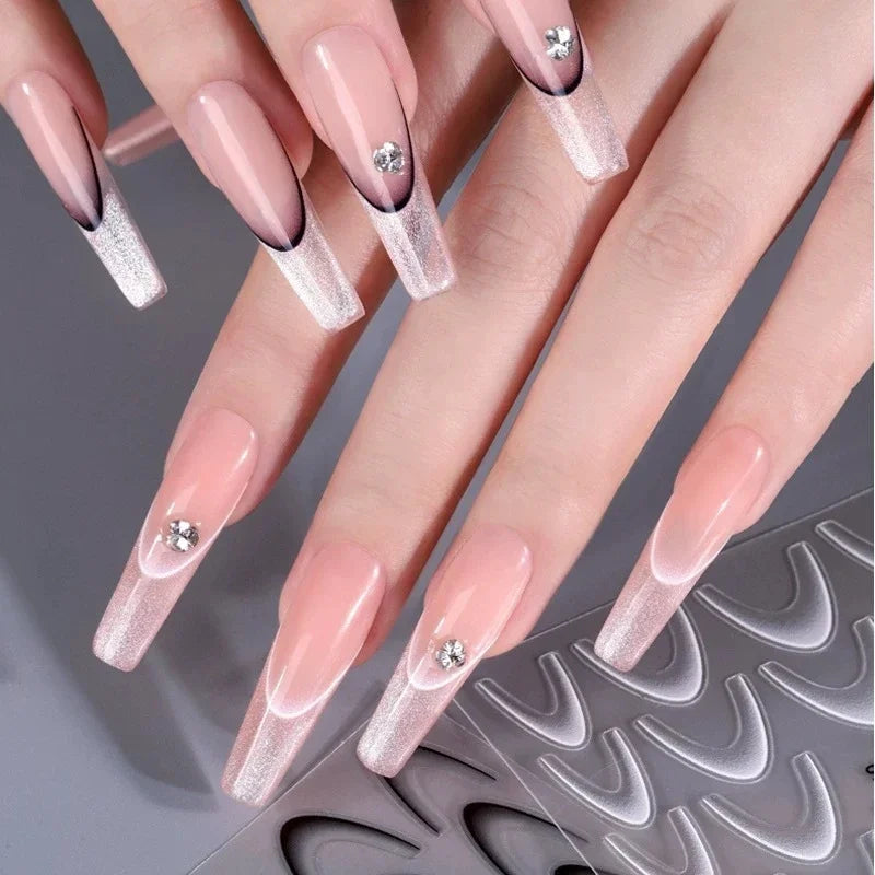French Gradient Line Nail Art Stickers, White and Black Self-Adhesive 3D Decals for Natural, Acrylic and Artificial Nails, DIY Home and Salon Manicures