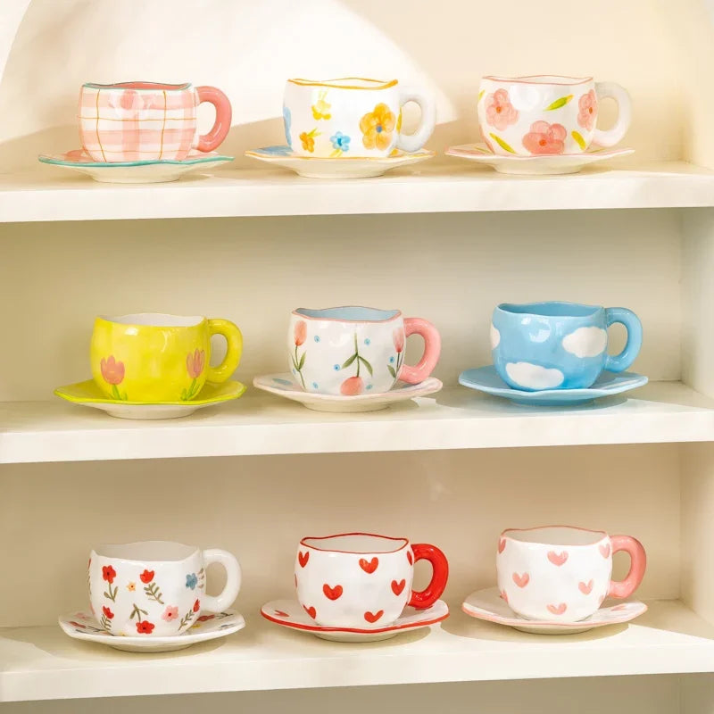 Hand-Painted Ceramic Mug with Irregular Korean-Style Shape and Floral, Heart or Playful Pattern Options for Breakfast Coffee and Afternoon Tea, Cup Only