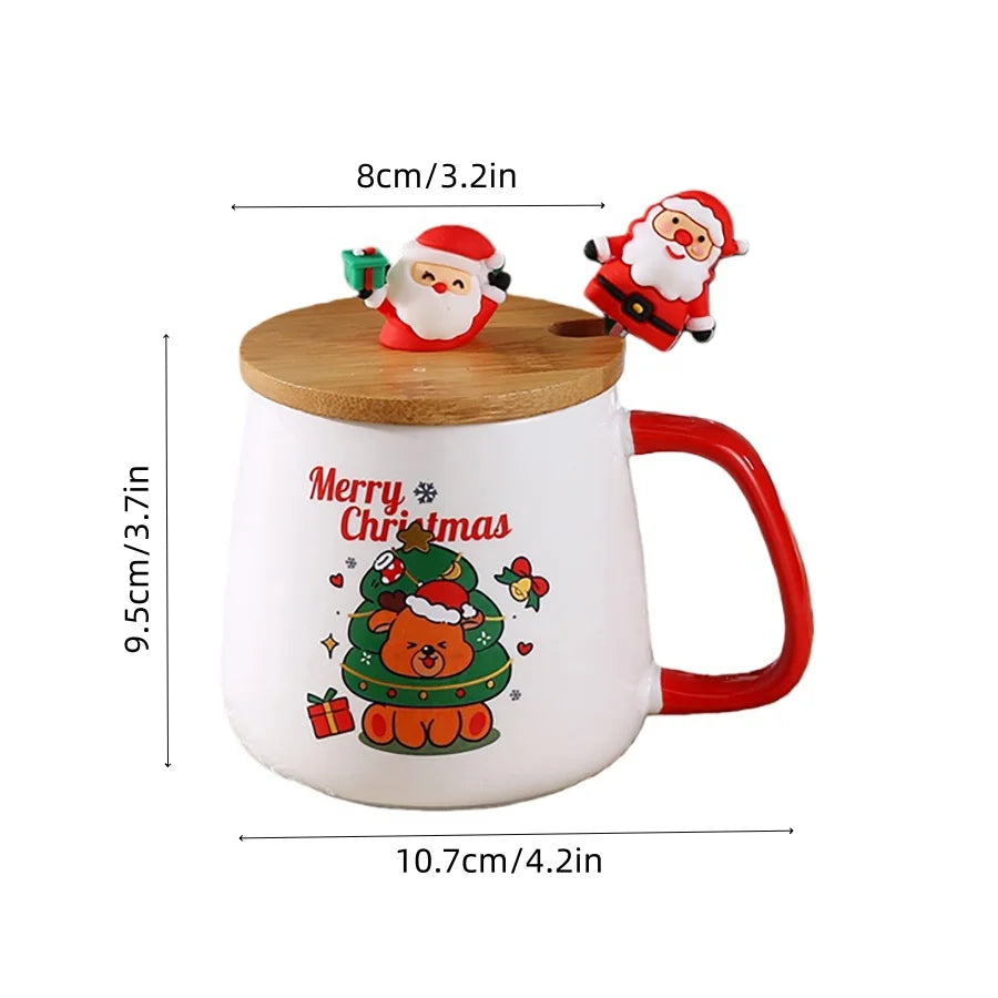 Christmas Ceramic Coffee Mug with Lid, Spoon and Gift Box, 400ml Holiday Cup in Santa Claus, Snowman, Christmas Gift or Christmas Deer Designs