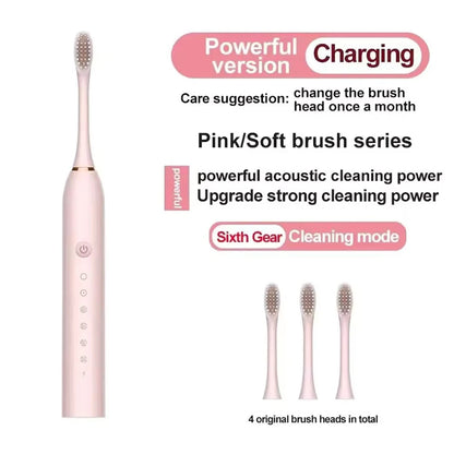 USB Rechargeable Electric Toothbrush for Adults, X3 Six-Mode Soft Bristle Brush with Two-Minute Cycle, 30-Second Reminders and Four-Head Option Labels