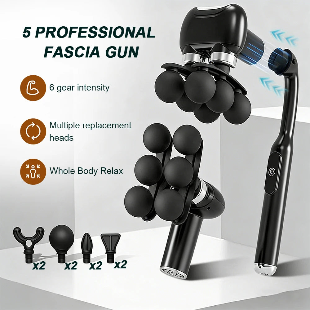 Detachable Long-Handle Massage Gun with Six Intensity Levels, Listed 1800mAh Battery and 15-Minute Timer in Black, Grey or White for Adult Home Relaxation